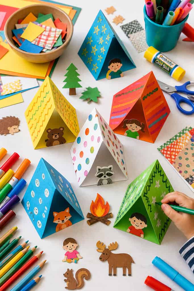 a kids’ paper tent camping craft arranged on a bright white tabletop