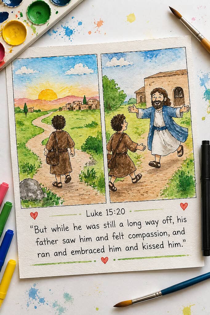 a child-created two-panel watercolor or marker illustration on textured watercolor paper