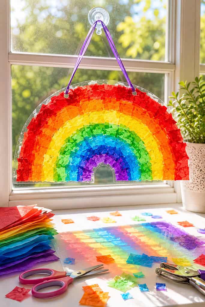 A rainbow-shaped suncatcher created with clear contact paper layered with torn tissue paper pieces in bright red, orange, yellow, green, blue, and purple tones.