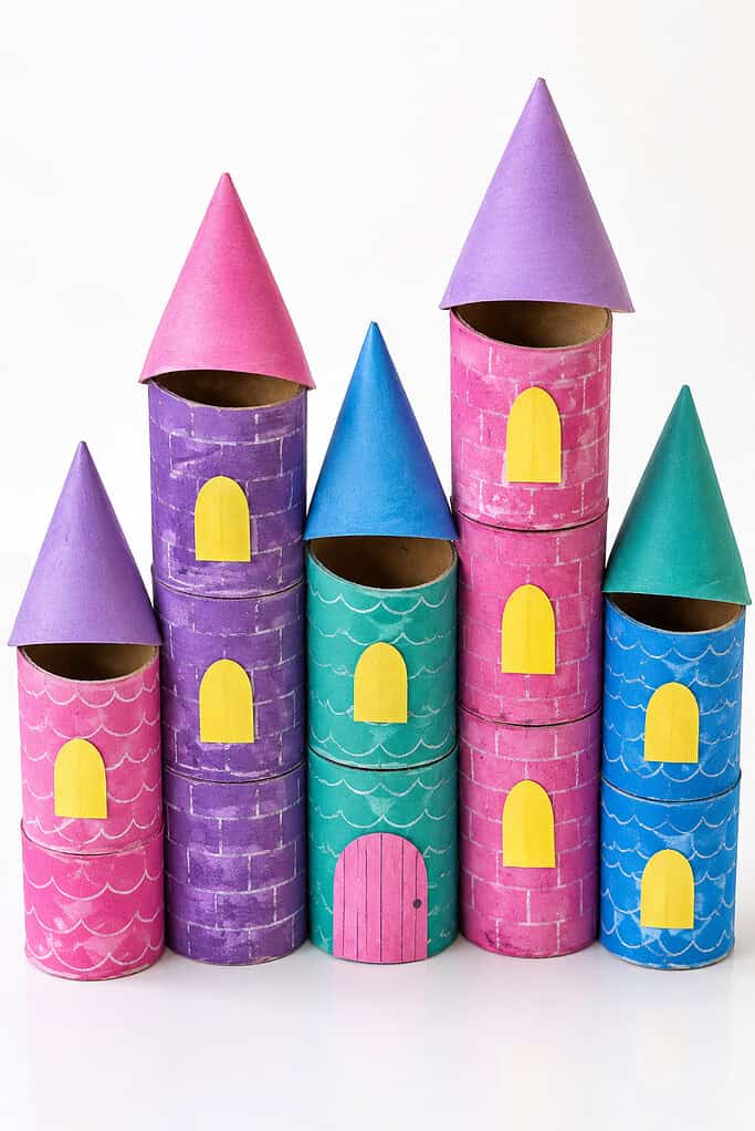 handmade toilet paper roll castle with paper cone roofs and yellow arched windows on a white table