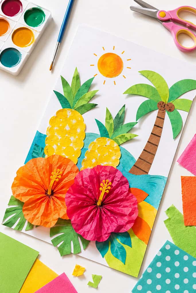A colorful tropical craft featuring handmade tissue paper hibiscus flowers, finger-painted pineapples on cardstock, and a simple tropical collage made with layered bright paper scraps and watercolor textures.