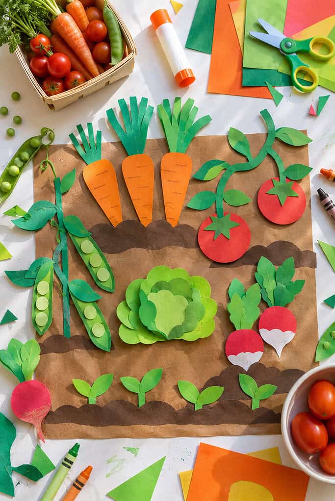 a large sheet of brown construction paper styled as “garden soil” with colorful paper vegetables
