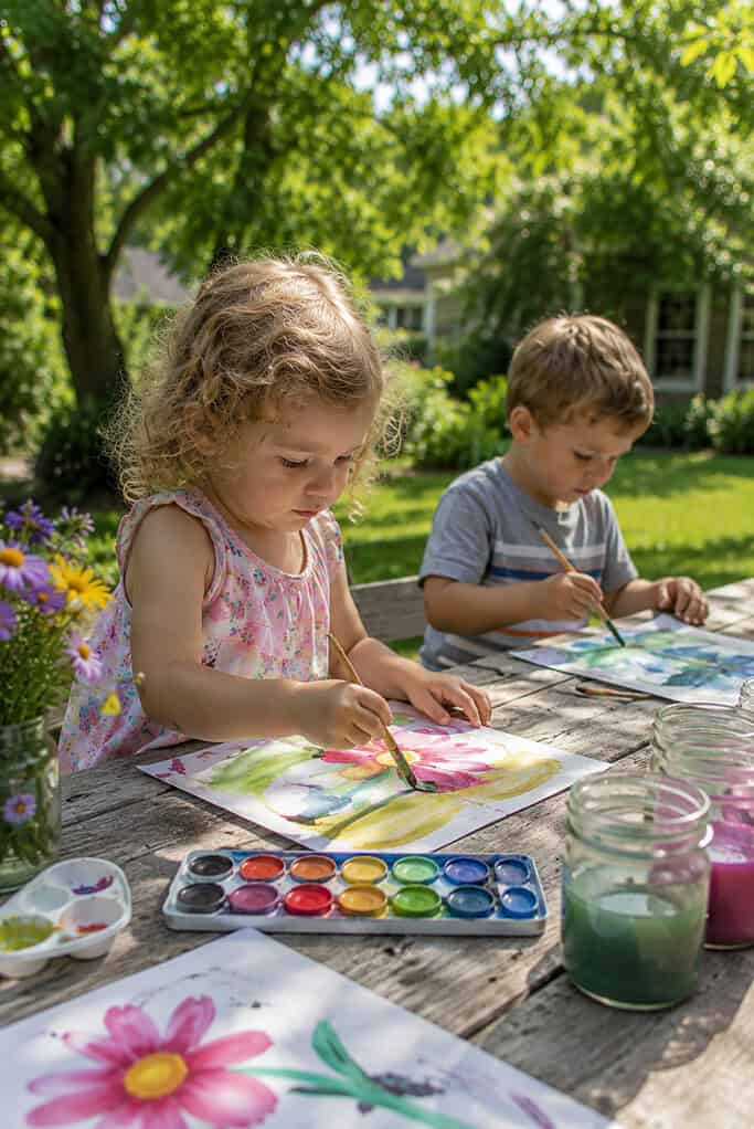 young children doing watercolor painting outdoors on a peaceful summer afternoon