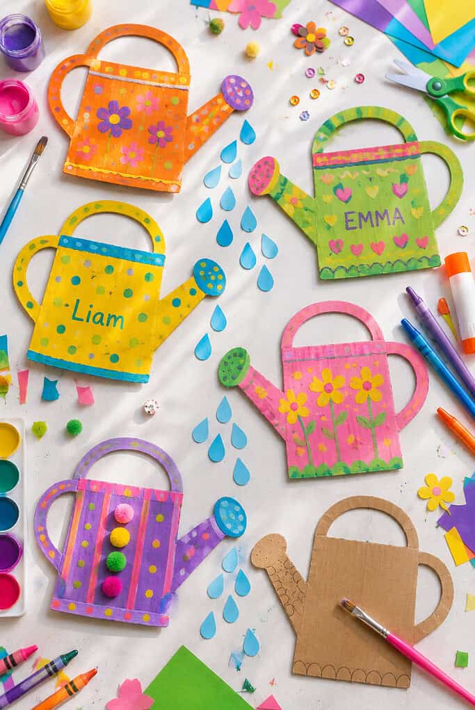 several handmade watering can crafts created from cardboard cutouts or thick construction paper.