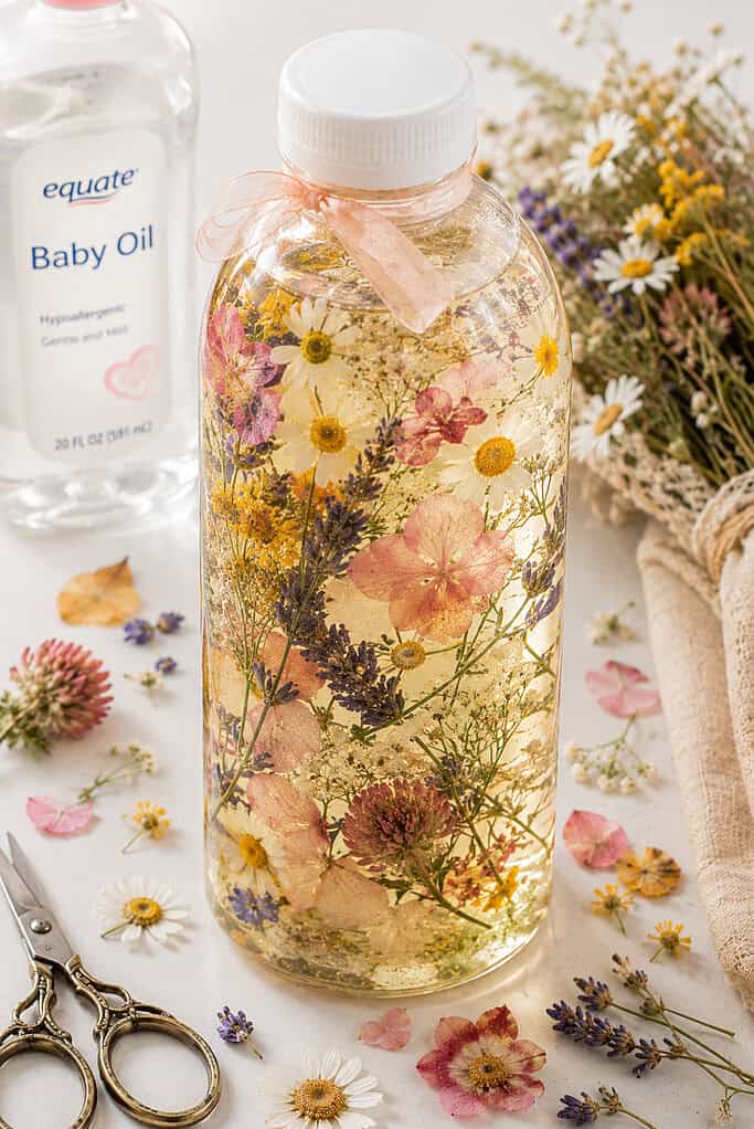 one elegant clear plastic sensory bottle filled with translucent baby oil and delicate pressed wildflowers floating softly inside.
