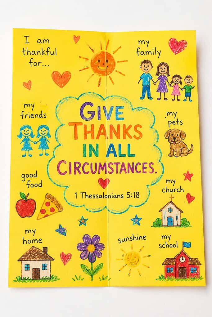 A yellow folded paper craft sheet illustrated with hand-drawn colorful pictures of a smiling sun, a family of four holding hands, two friends, a dog, a church building, a red schoolhouse, a brown house, a flower, an apple, and a pizza slice, each labeled. Center text reads Give Thanks in All Circumstances, 1 Thessalonians 5:18.