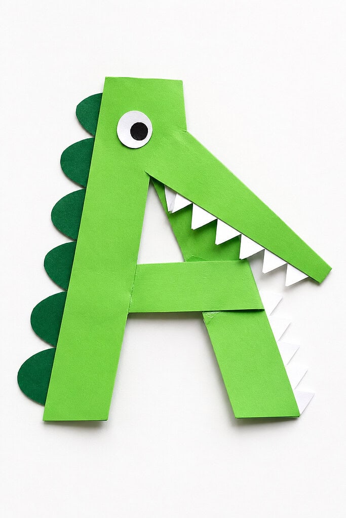 Green construction paper letter A shaped into an open-jawed alligator face with white paper teeth, a googly eye, and dark green scalloped scales along the left edge