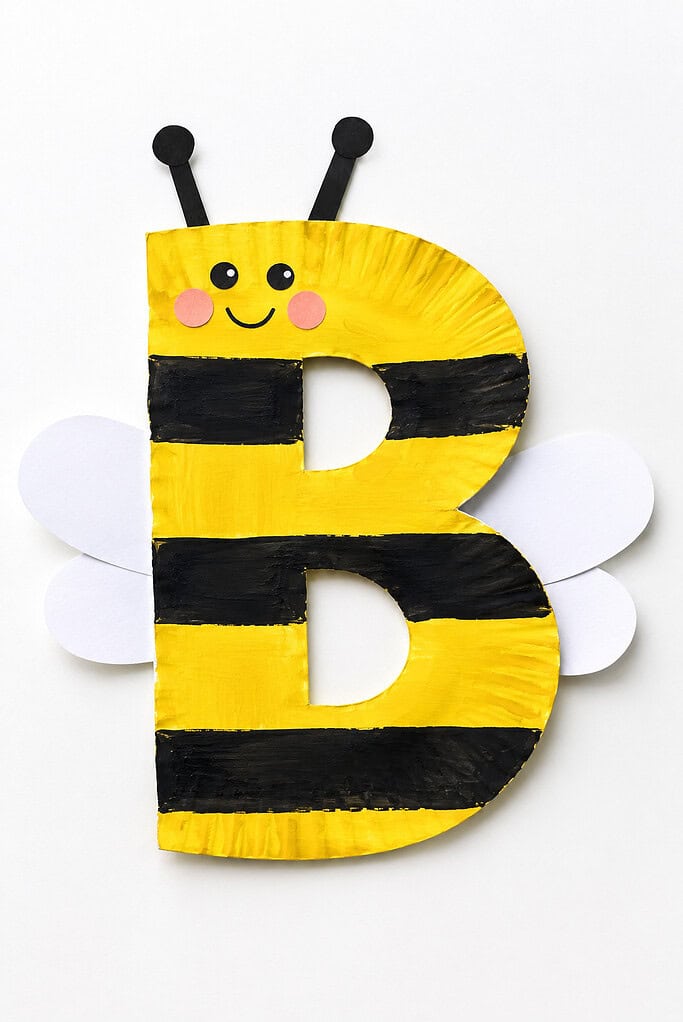 Yellow paper plate cut into the letter B shape, painted with black horizontal stripes, two white oval wings on either side, two black antennae with round tips at the top, and a smiley face with pink cheeks