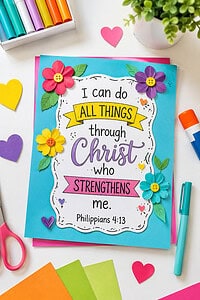 a colorful handmade Bible verse craft placed neatly on a bright white tabletop.