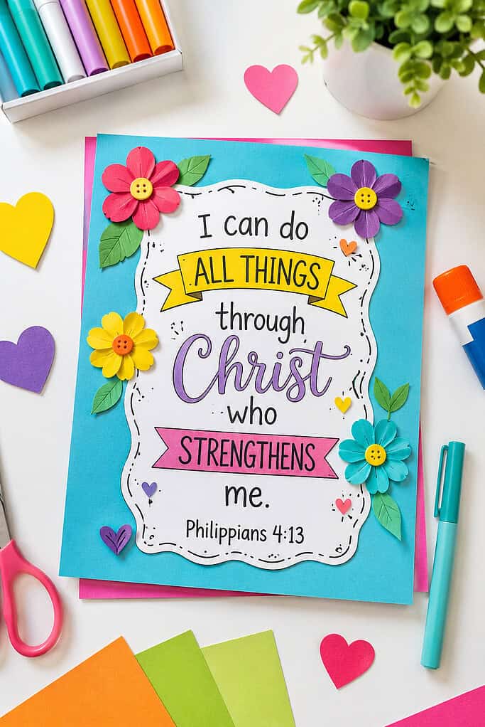 a colorful handmade Bible verse craft placed neatly on a bright white tabletop.