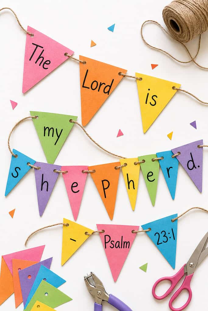 a colorful bunting banner made from paper triangles strung on natural twine.