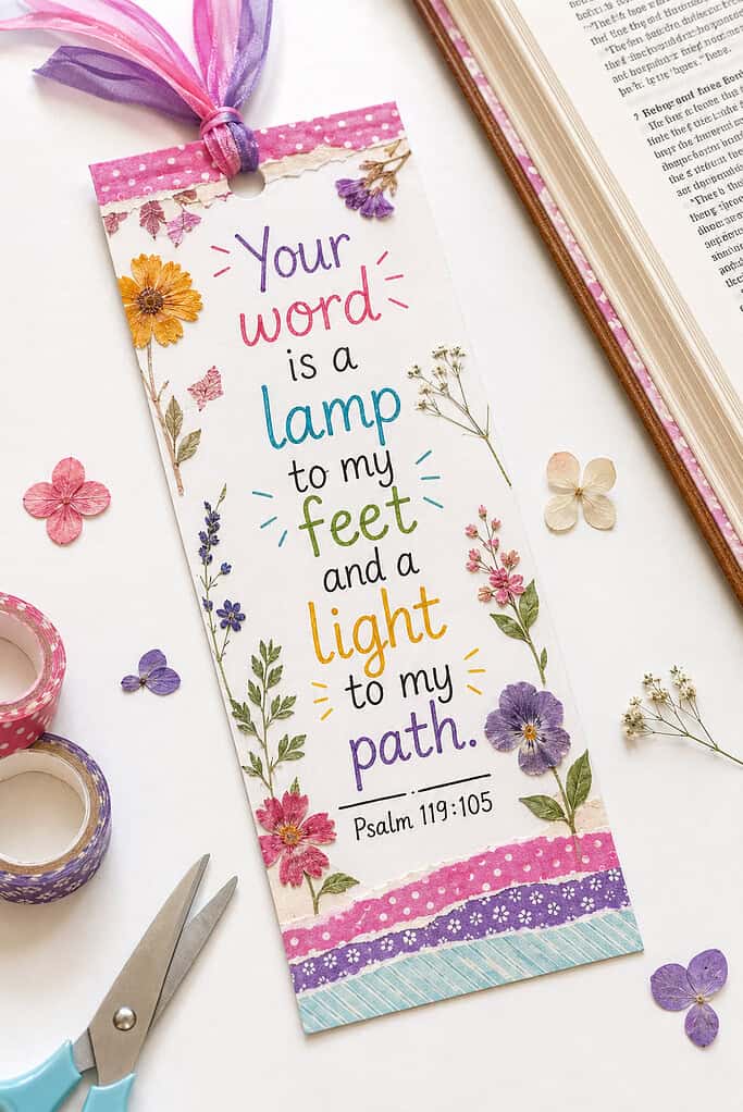 a beautifully decorated cardstock bookmark featuring the Bible verse "Your word is a lamp to my feet and a light to my path." — Psalm 119:105 written in elegant, colorful hand lettering down the center.