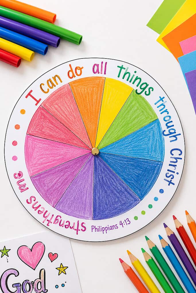 a large paper circle divided into multiple wedge-shaped sections, with a short Bible verse hand-lettered around the outer rim.