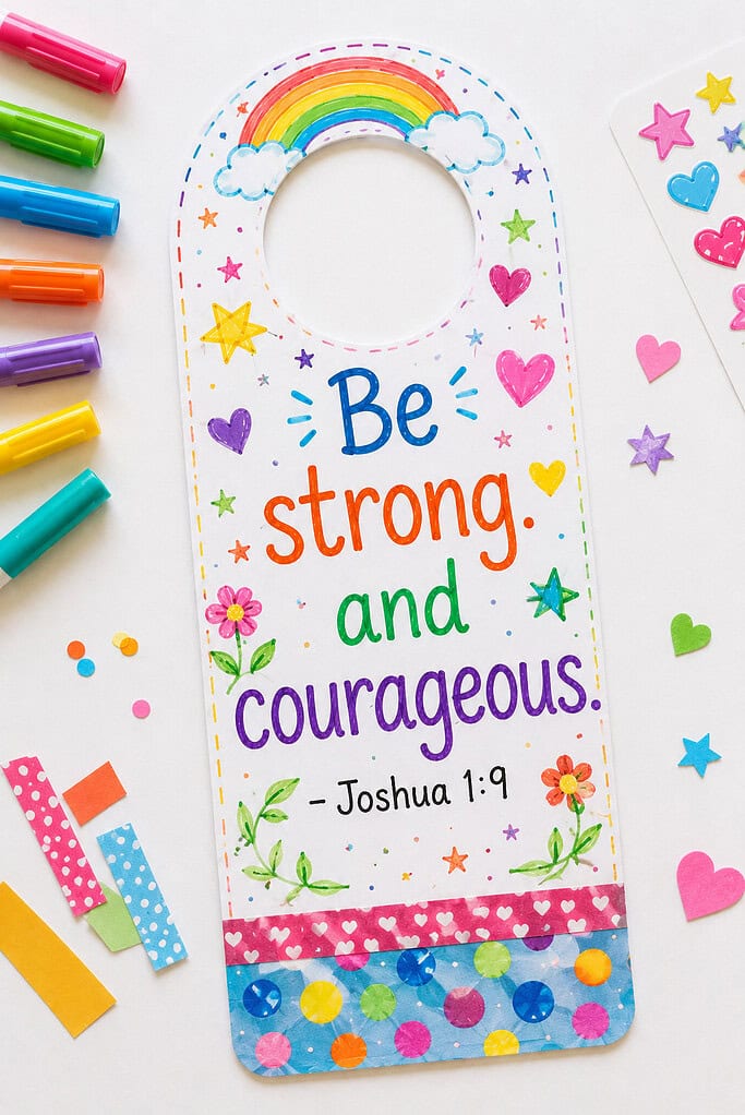 a colorful door hanger cut from sturdy cardstock, featuring a circular opening for a doorknob and decorated with cheerful child-friendly designs.