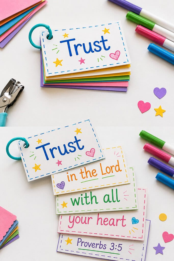 a small flip book made from stacked cardstock pages bound together at the top with a colorful binder ring.