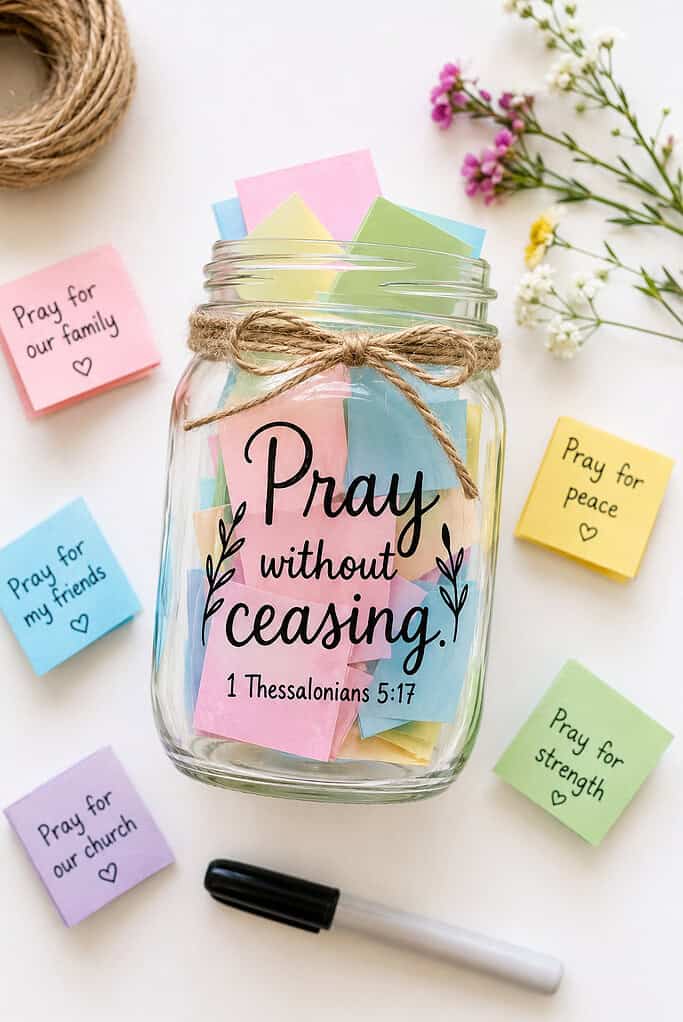 a clear glass mason jar featuring the Bible verse "Pray without ceasing." — 1 Thessalonians 5:17 elegantly hand-lettered on the side of the glass.