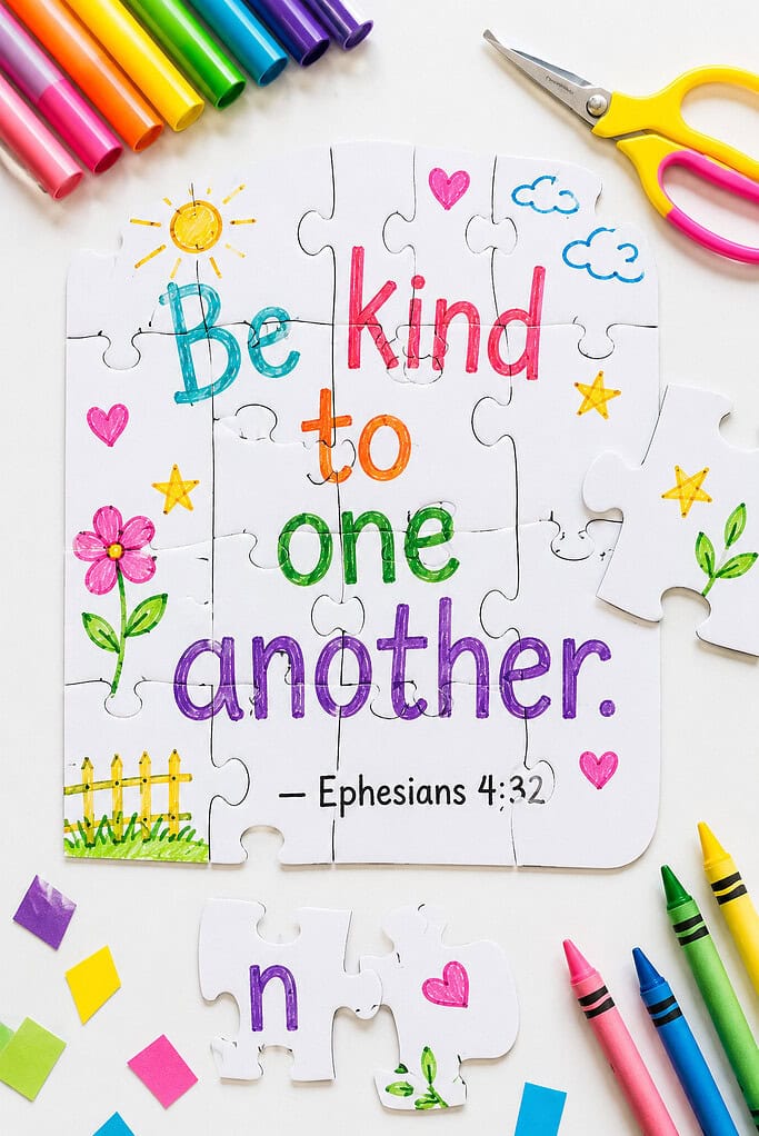 a handmade cardstock puzzle with the Bible verse "Be kind to one another." — Ephesians 4:32 written across the assembled pieces in colorful, child-friendly lettering.
