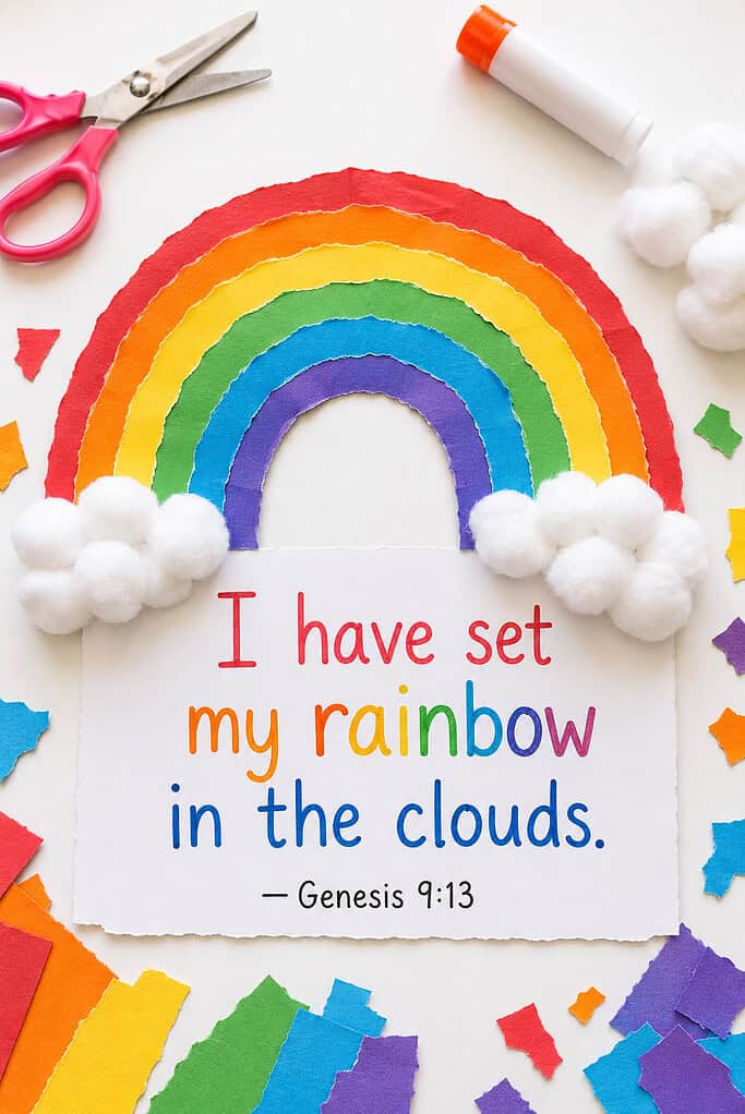 a colorful rainbow created from layered torn construction paper, strips of vibrant cardstock, and fluffy cotton ball clouds at both ends