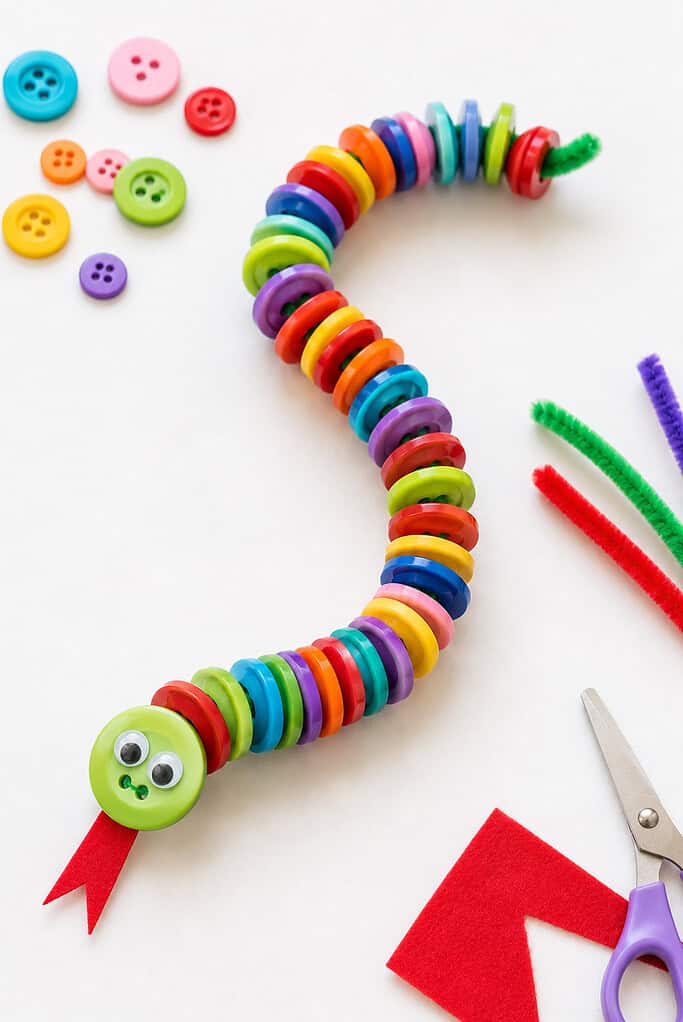 a colorful row of assorted buttons onto a flexible pipe cleaner or thick yarn, creating a playful snake with a gently curved, slinky body.