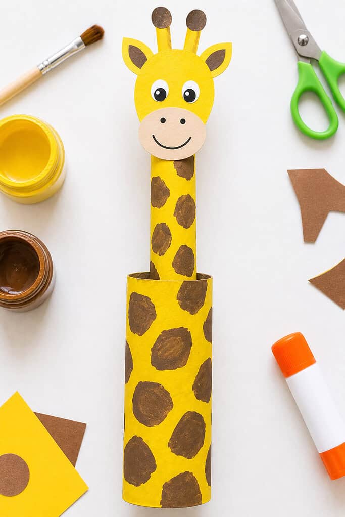 a tall recycled cardboard tube standing upright, painted a bright cheerful yellow and covered with hand-painted brown giraffe spots.
