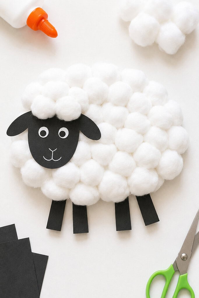 a sheep-shaped body covered with dozens of fluffy white cotton balls, creating a soft, textured wool coat.