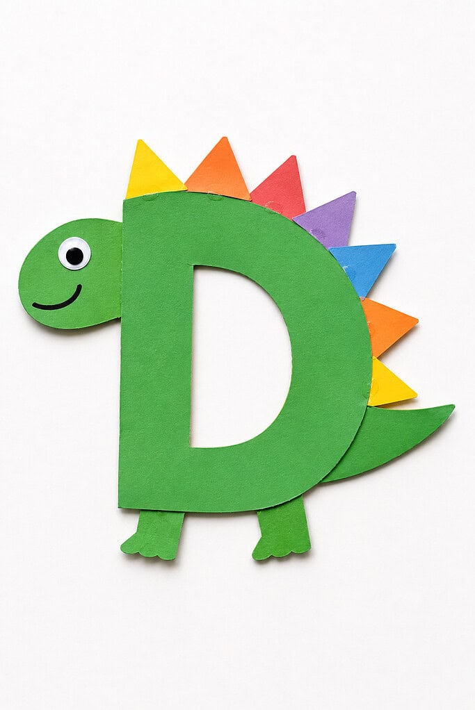 Green cardstock letter D with a round green head attached to the left side, a single googly eye, a smiling mouth, four short green legs at the bottom, and a row of multicolored triangular spikes along the top curve