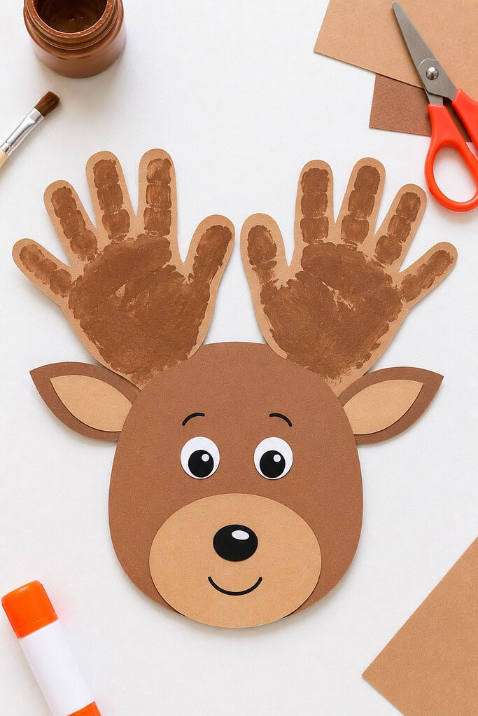 a soft brown paper deer face with two brown child-sized handprints attached at the top as antlers.