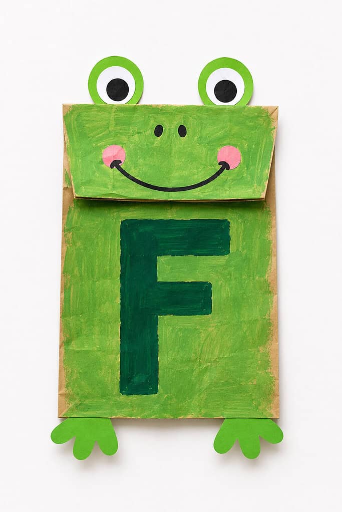 Green painted paper bag standing upright as a puppet with a large bold dark green letter F on the body, a green folded flap head with two round googly eyes on raised green circles, pink cheeks, and a wide smiling mouth, plus two green cut paper feet at the base