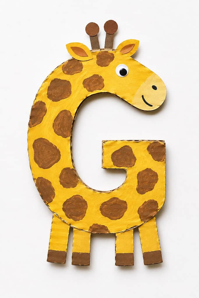 Yellow cardboard letter G shape covered in yellow paint with brown blob spots all over, four rectangular brown legs and hooves at the base, a round yellow head with one googly eye and a smiling mouth extending from the curved opening, and two brown antler-like ossicones and small orange ears on top