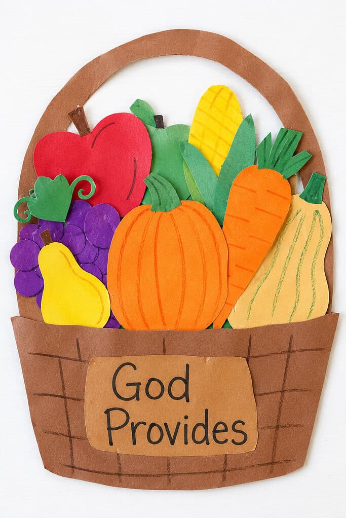 A paper craft of a brown woven basket with a handle, filled with colorful paper and felt fruits and vegetables including a red apple, yellow pear, purple grapes, orange pumpkin, carrot, ear of corn, and a yellow squash. A label on the front reads God Provides.