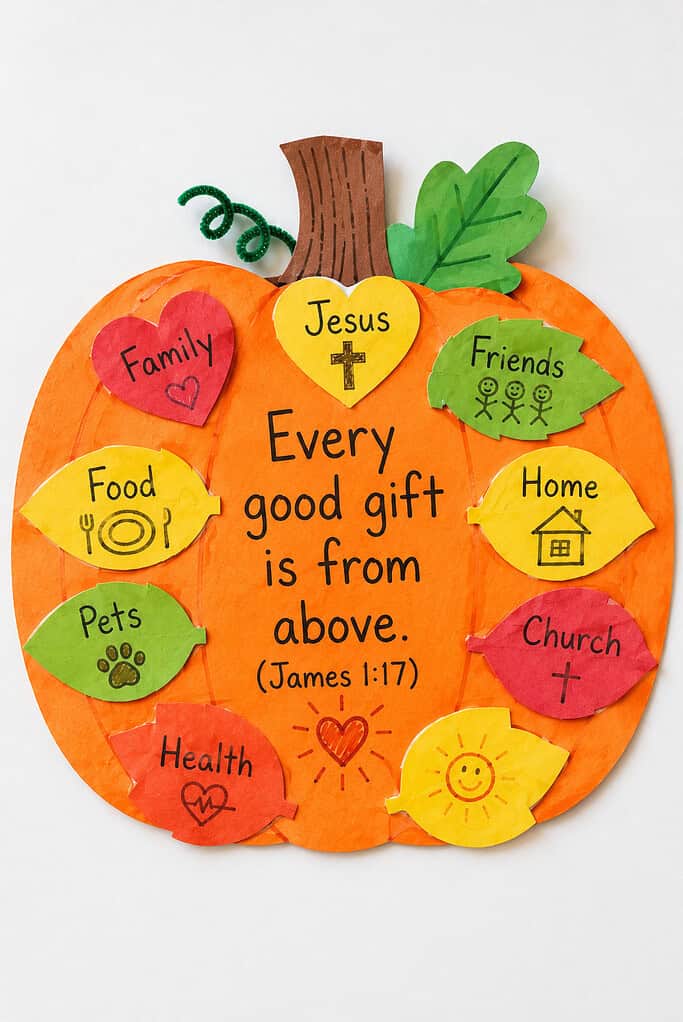 A large orange paper pumpkin craft with a brown stem, a green paper leaf, and a curly green pipe cleaner tendril. Small colorful paper leaf and heart shapes surround the pumpkin body, each labeled Jesus, Family, Friends, Food, Home, Pets, Church, Health, and a smiling sun. Center text reads Every good gift is from above, James 1:17.