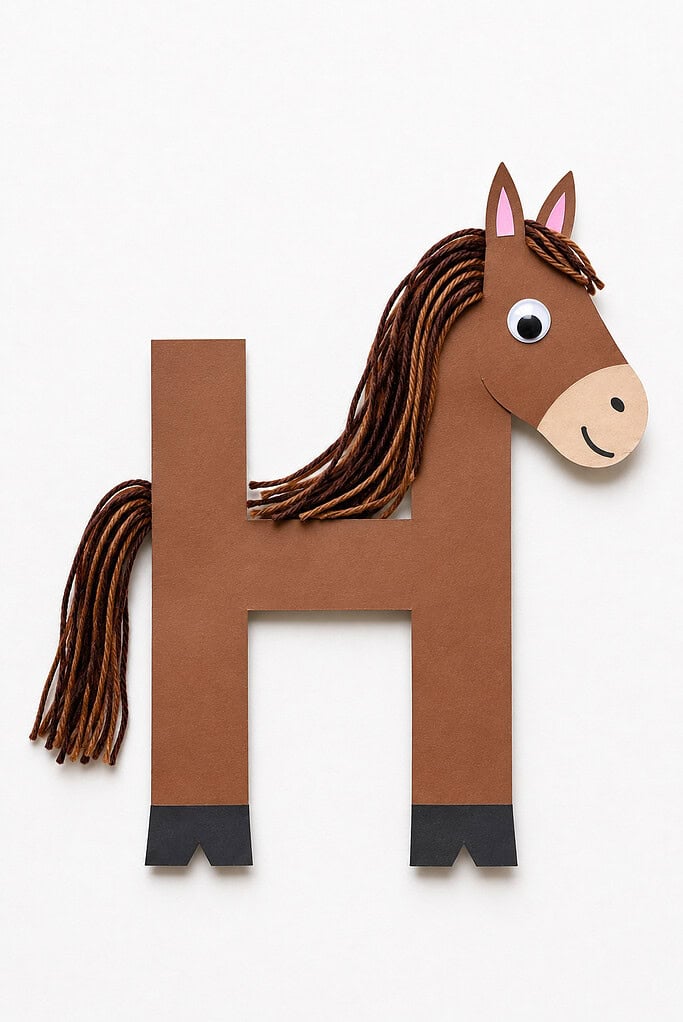 Brown cardstock letter H with a brown paper horse head and neck attached to the upper right, a light tan muzzle, a googly eye, pink ears, brown yarn strands hanging as a mane along the crossbar and trailing down as a tail, and four black rectangular hooves at the base of each leg