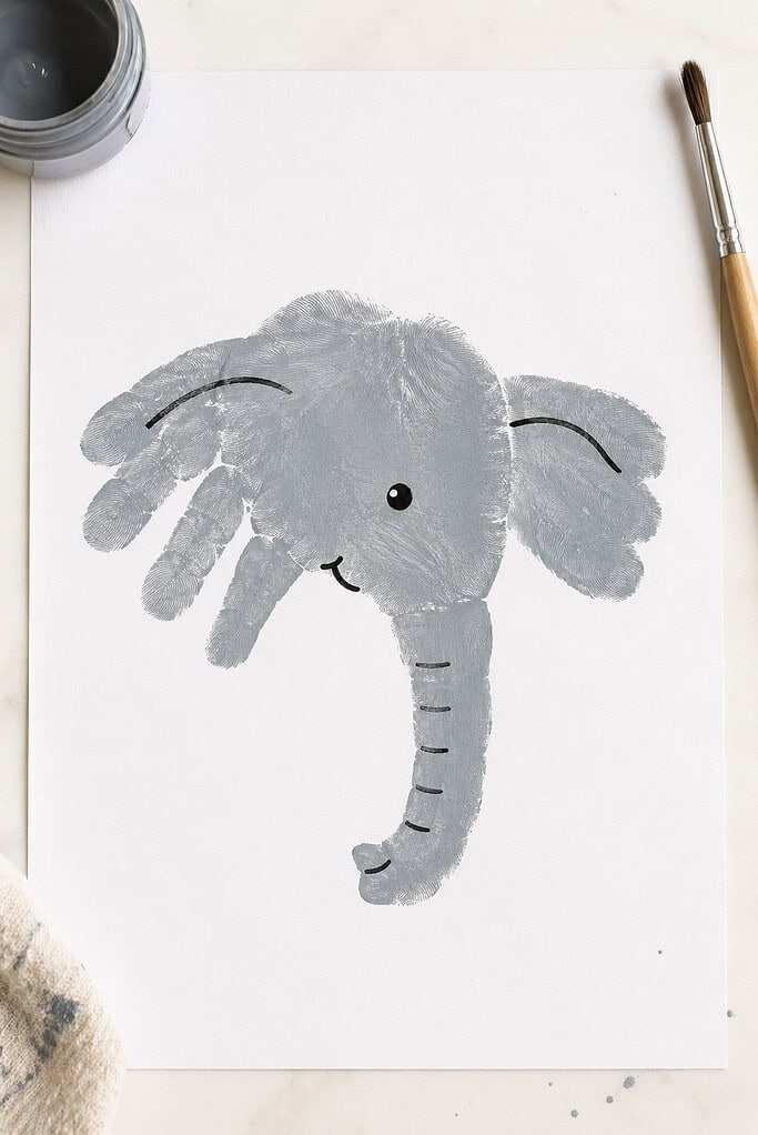 a child's gray-painted handprint stamped onto white paper.