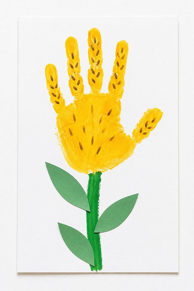 A yellow handprint stamp on white paper with small oval marks drawn on each finger to resemble wheat grain, attached to a painted green stem with four green paper leaves glued on