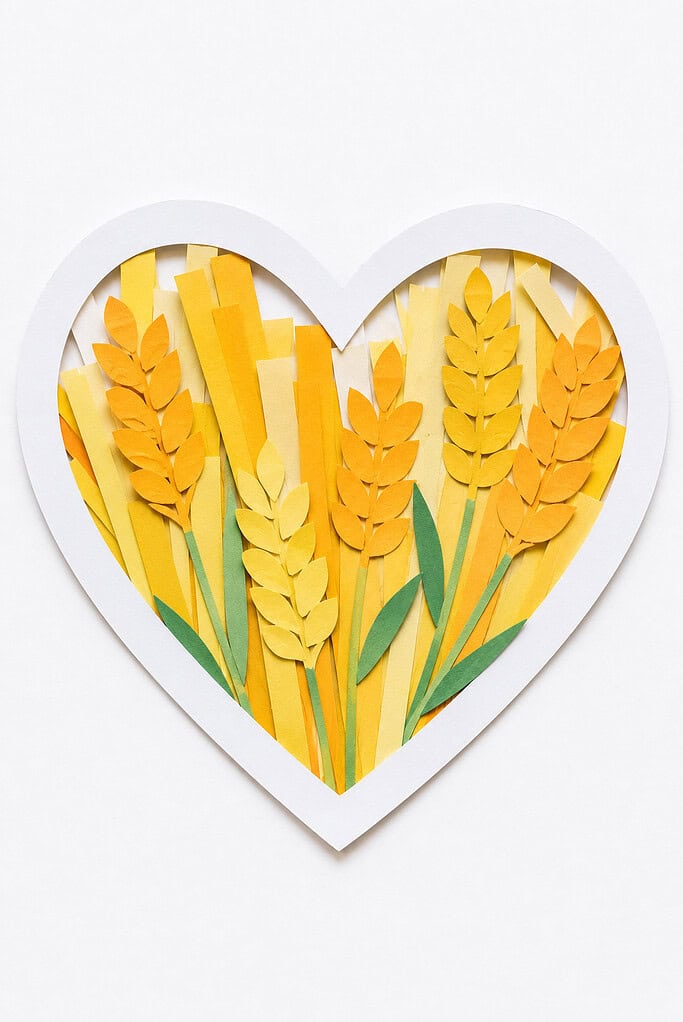 A white paper heart frame filled with paper wheat stalks in shades of yellow, orange, and gold with green paper stems, layered over yellow paper strips in the background