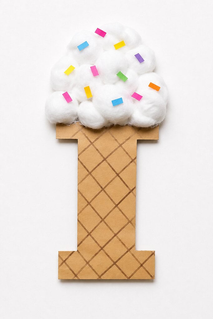 Tan cardstock letter I with a crosshatch waffle pattern drawn in brown lines across the surface, serving as the cone, with a large mound of white cotton balls piled on top and scattered small rectangular paper confetti pieces in pink, yellow, blue, orange, green, and purple