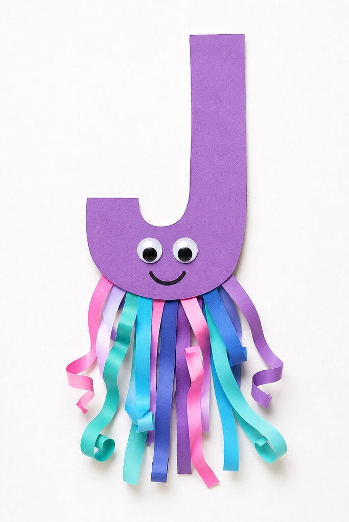 Purple paper letter J with a large smiley face featuring two googly eyes and a curved smile drawn on the curved bottom hook, and long curling paper strips in purple, blue, teal, and pink hanging down from the hook