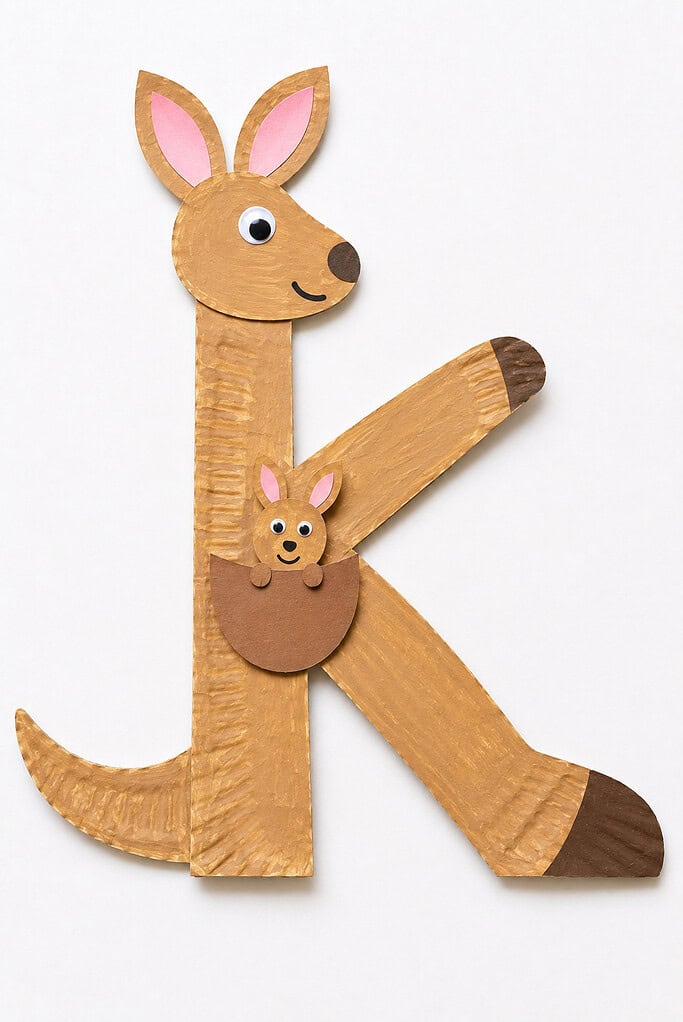 Tan paper plate painted to form a letter K with a small round head at the top featuring pink ears, a single googly eye, and a brown oval nose, a small paper joey face tucked into a dark brown rounded pouch in the center, and a curled tail at the bottom left