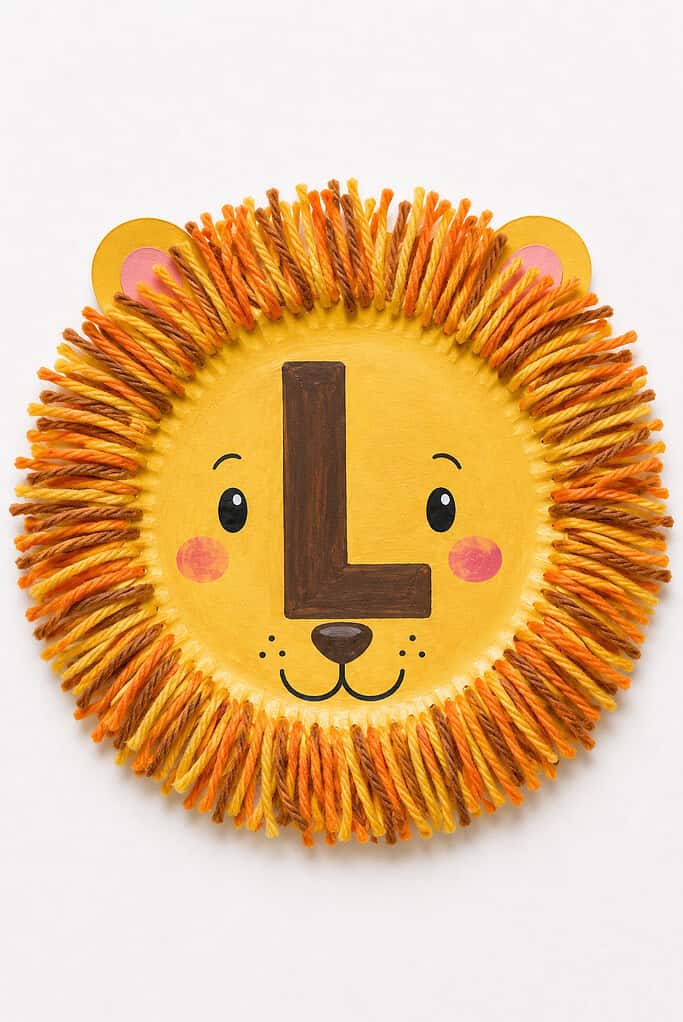 Round yellow paper plate with a thick orange and brown yarn mane radiating all around the edge, a large dark brown letter L painted in the center, two small round black eyes with eyebrows on either side, pink round cheeks, a brown triangular nose, and a small black smiling mouth