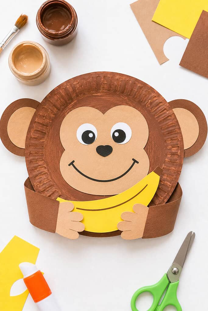 a paper plate painted a rich medium brown, with a lighter tan circular face attached to the center.