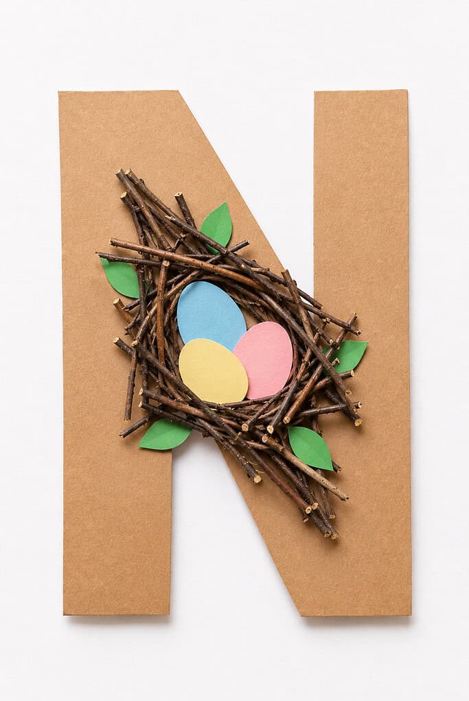 Large tan cardboard letter N laid flat with a circular twig nest built over the diagonal stroke, small green paper leaves tucked around the nest edges, and three paper eggs in blue, yellow, and pink resting inside the nest