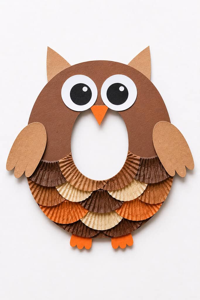 Round brown paper circle with a cut-out oval center forming an O shape, rows of layered cupcake liners in brown, tan, and orange covering the lower body as feathers, two large white and black eyes in the upper center, an orange triangular beak, two rounded brown wing shapes on either side, orange paper feet at the bottom, and two small pointed tan ear tufts at the top