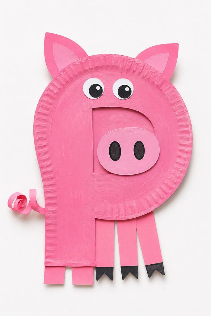 Pink paper plate and paper shaped into a letter P with the round loop forming the body, two pink triangular ears at the top, two googly eyes, a pink rounded snout with two dark oval nostrils, four pink rectangular legs with black split hooves, and a curly pink paper ribbon tail on the left side