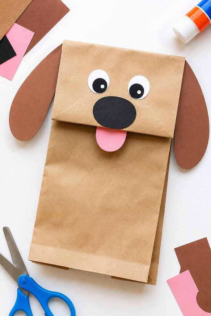 a simple brown paper lunch bag transformed into an adorable floppy-eared puppy puppet.
