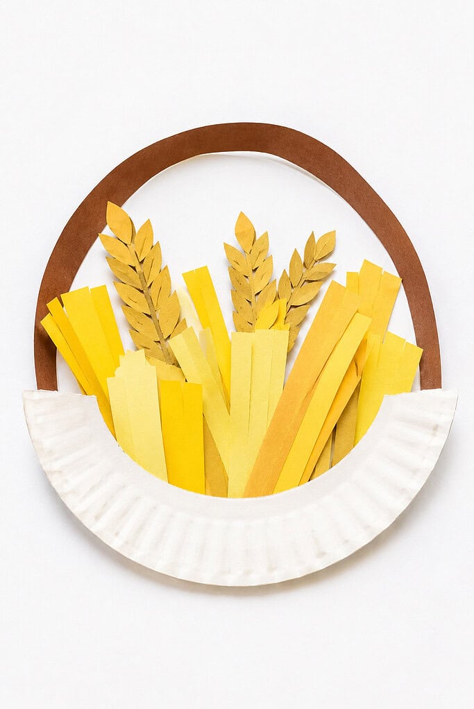 A paper plate craft shaped like a basket with a brown paper arc handle on top, filled with yellow and golden paper strips and two golden paper wheat stalks with leaf-shaped cutouts along the stems