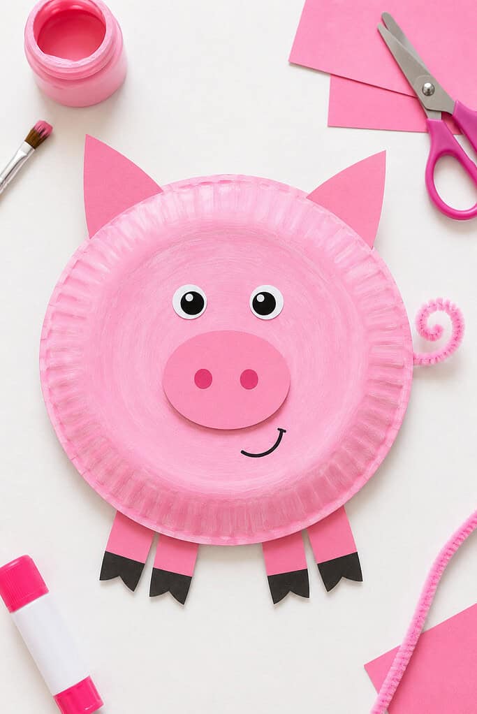 a paper plate painted a cheerful pastel pink, transformed into an adorable barnyard pig.