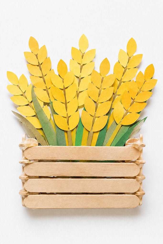 A small rectangular basket made from popsicle sticks held together with twine, filled with multiple yellow paper wheat stalks with oval leaf cutouts and green paper stems