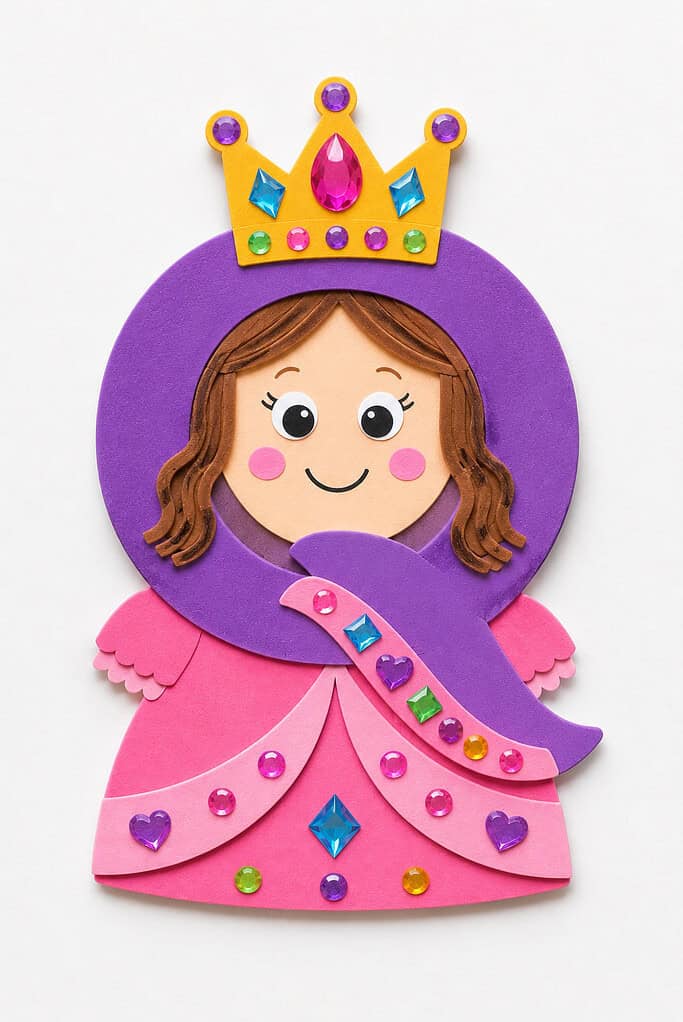 Purple foam sheet letter Q shape with the round head serving as a face featuring brown wavy hair, large round eyes with lashes, pink cheeks, and a smile, a yellow foam crown with colorful gemstones at the top, a pink layered dress with gem embellishments below, and the Q tail curving across the torso as a purple sash with gems