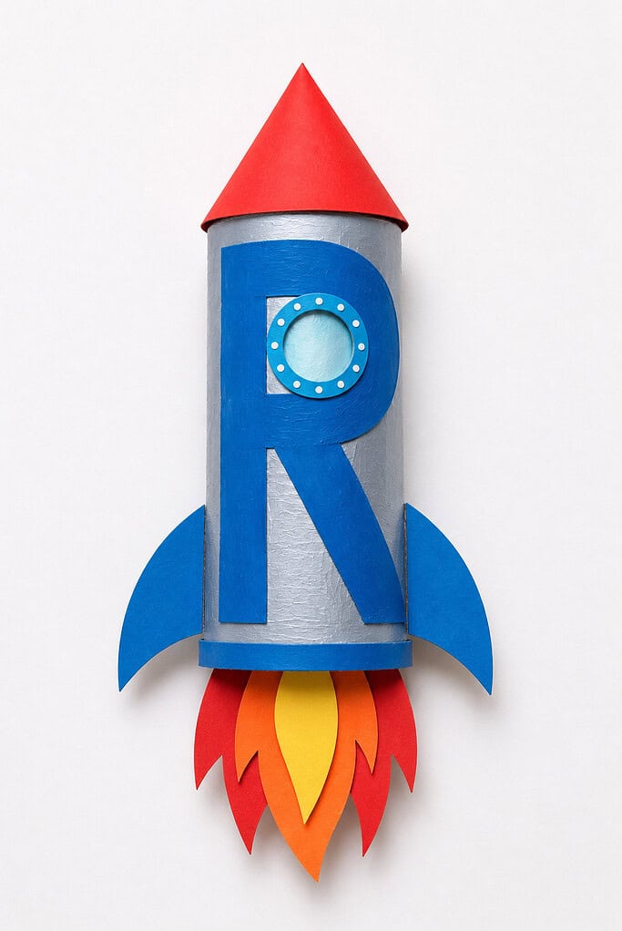 Silver painted cardboard tube with a bold blue letter R on the front with a circular porthole window in the R's loop, a red pointed paper cone nose at the top, two large blue swept-back fins on either side, and red, orange, and yellow flame cutouts erupting from the bottom