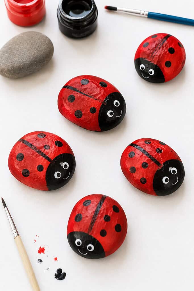 a vibrant red with hand-painted black spots, a small black head, and simple cheerful details.